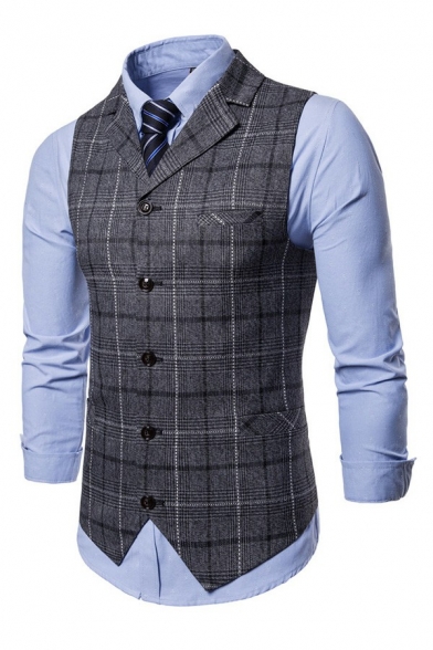 Men Stylish Suit Vest Plaid Pattern Sleeveless Slim Fit Lapel Collar Button Fly Suit Vest