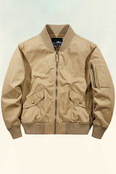 Men Urban Jacket Solid Long Sleeve Regular Zip-up Stand Collar Baseball Jacket for Men
