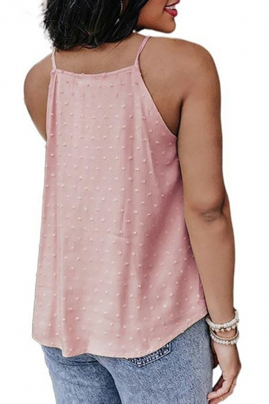 Retro Womens Tank Spaghetti Straps Solid Color Knit Dot Relaxed Fit Tank Tee