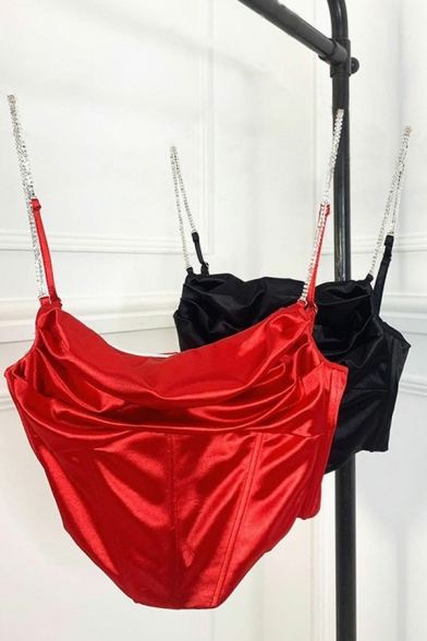 Sexy Girls Tanks Plain Spaghetti Straps Chain Sashes Asymmetrical Hem Cropped Camis