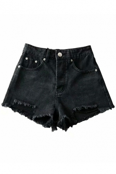 Sexy Womens Shorts Plain Ripped Patched Zip Up Pockets Detail Raw Hem Denim Shorts
