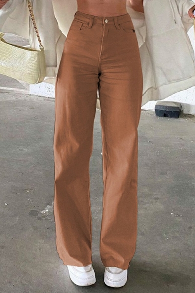 Simple Girls Pants Plain Mid Waist Zip Closure Full Length Straight Cigarette Trousers