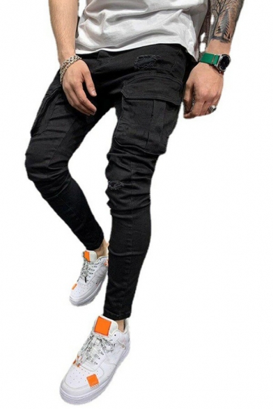 Street Look Boys Jeans Pure Color Mid Rise Slim Full Length Broken Hole Zip Placket Jeans
