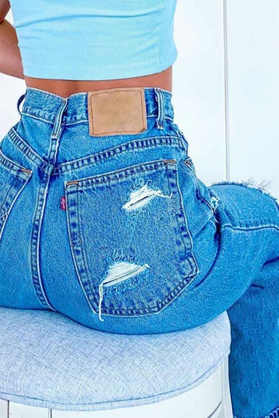 Stylish Womens Jeans Midwash Blue Zip Fly High Waist Cut-Outs Turn Up Boyfriend Pants