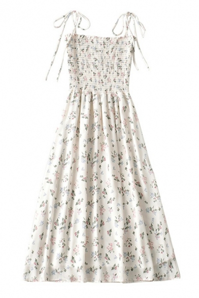 Vintage Girls Cami Floral Pattern Spaghetti Straps Bow Midi Flare Dress