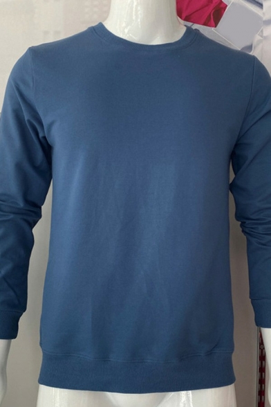 Classic Sweatshirt Solid Color Round Neck Long Sleeves Loose Ribbed Hem Sweatshirt for Men