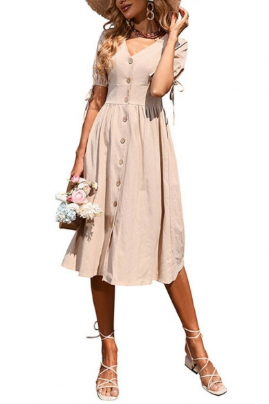 Elegant Ladies Dress Solid V-Neck Button Down Short Sleeve Bow Midi Flare Dress
