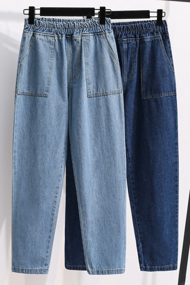 Leisure Womens Jeans Midwash Blue Elastic Waist Front Pockets Straight Denim Pants