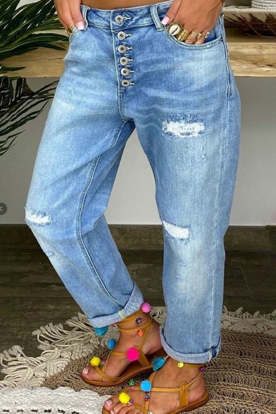 Modern Womens Jeans Lightwash Blue Button Down Mid Rise Ripped Turn Up Straight Denim Pants