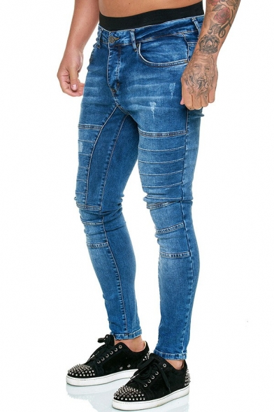 Popular Guy's Jeans Plain Pocket Mid Rise Slimming Long Length Zip Placket Jeans
