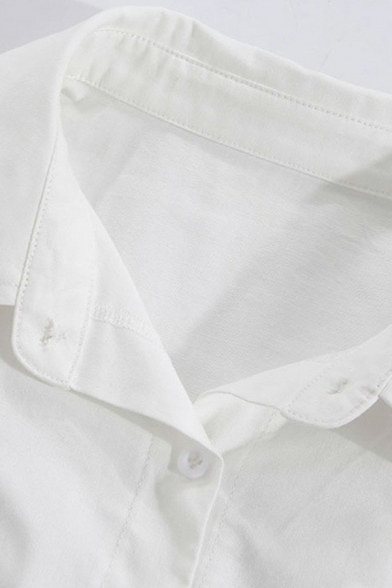Sexy Womens Lapel Shirt Solid Color Button Closure Irregular Hem Long Sleeve Cropped Shirt