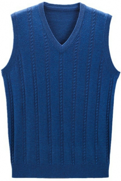 Simple Jacquard Sweater Vest Stripe Print V-Neck Regular Fit Knitted Vest for Men
