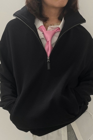 Stylish Girls Sweatshirt Solid Stand Collar Half Zipper Long Sleeve Relaxed Sweatshirt