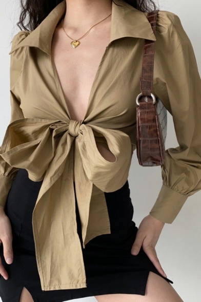 Stylish Ladies Crop Shirt Deep V Neck Plain Spread Collar Long Pull Sleeves Loose Fit Shirt with Bow