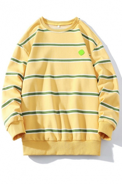 Stylish Sweatshirt Stripe Pattern Crew Neck Long Sleeve Baggy Rib Hem Sweatshirt for Boys