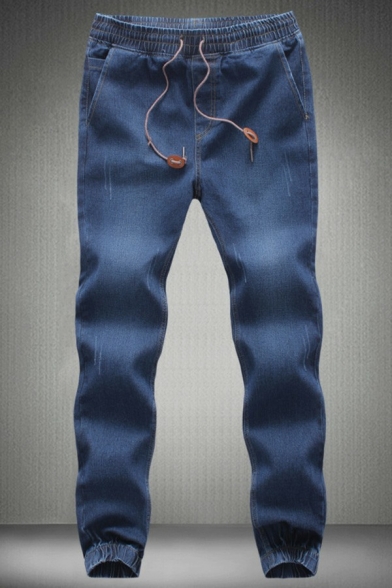 Unique Mens Jeans Plain Pocket Designed Drawcord Waist Long Length Mid Rise Straight Jeans