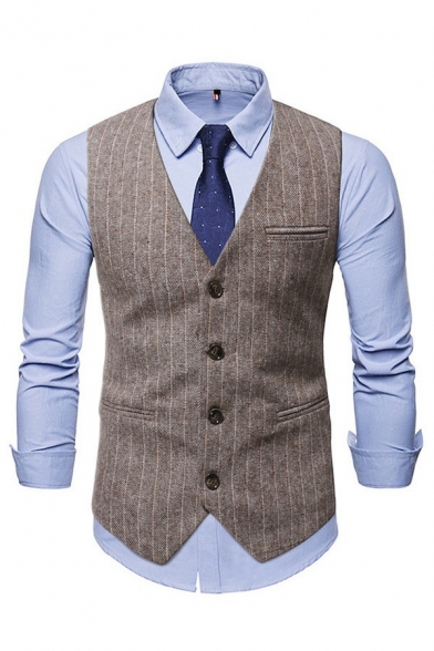Cozy Mens Suit Vest Striped Printed V-Neck Skinny Sleeveless Button Placket Suit Vest
