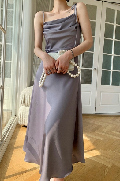 Elegant Girls Cami Solid Color Spaghetti Straps Draped Bow Midi Flare Dress