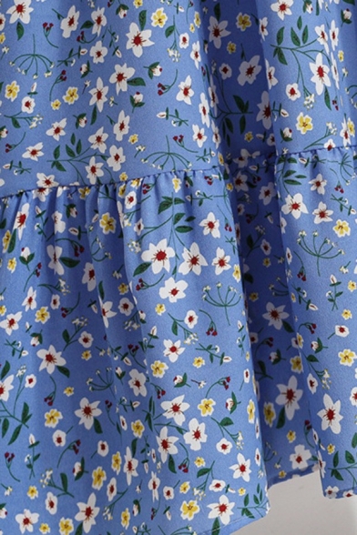 Fancy Ladies Dress Floral Pattern Crew Neck Long Sleeve Waist-Control Maxi Flare Dress