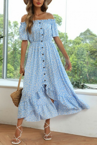 Leisure Ladies Dress Floral Printed Off the Shoulder Short Sleeve Button Ruffle Maxi Asymmetrical Dress