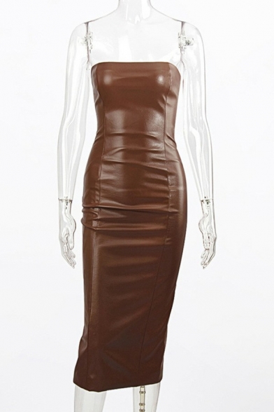 Leisure Ladies Dress Solid PU Leather Strapless Split Hem Skinny Midi Pencil Dress
