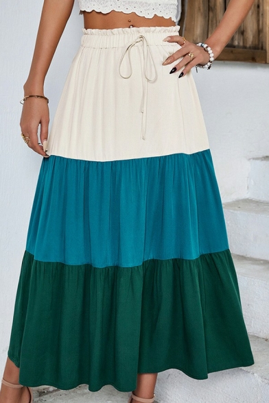 Leisure Ladies Skirt Color Block Drawstring Waist Maxi Ruffle Skirt