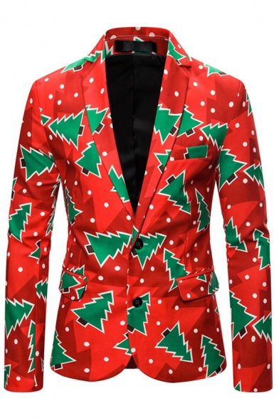 Men Casual Suit Jacket Christmas Tree Pattern Lapel Collar Single Detail Suit Jacket in Red