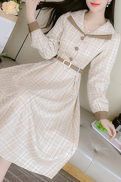 Retro Ladies Dress Plaid Lapel Collar Button Belted Long Puff Sleeve Midi Flare Dress