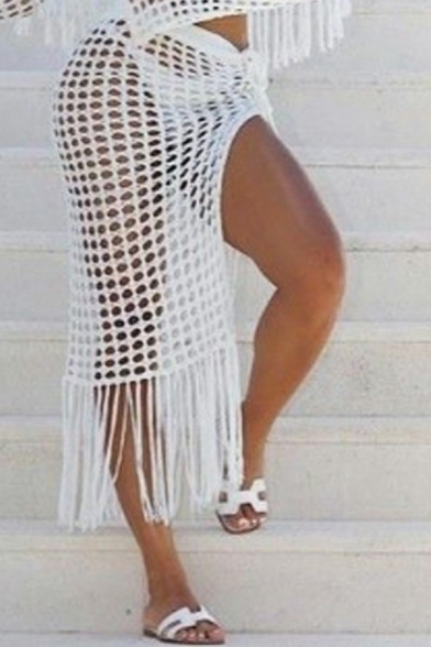 Sexy Womens Beach Skirt Split Side Fish Net Fringe Detail Midi Knit Skirt in White