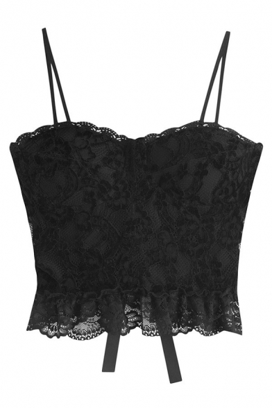 Sexy Womens Lace Cami Adjustable Spaghetti Straps Solid Color Tie Up Back Cropped Cami Top