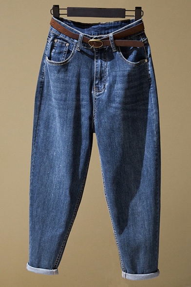 Simple Womens Jeans Darkwash Blue High Rise Turn Up Tapered Ankle Grazers(Not Included Belt)