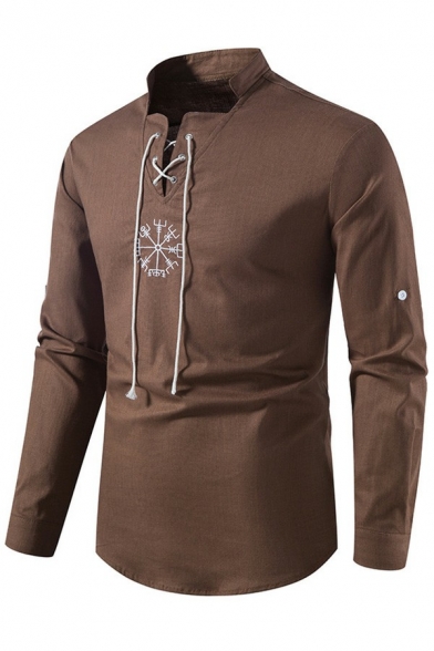 Stylish Mens Shirt Tribal Print Lace up Long Sleeve Stand Collar Regular Fit Shirt