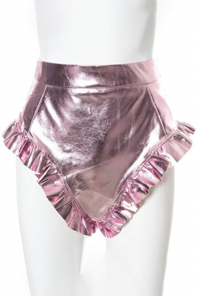 Unique Girls Shorts Solid Color Zip Closure Ruffle Hem High Waist Sparkly Shiny Hot Pants