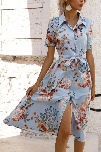 Unique Women Shirt Dress Flower Print Button Closure Spread Collar Tie Waist Short Sleeve Midi Shirt Dress