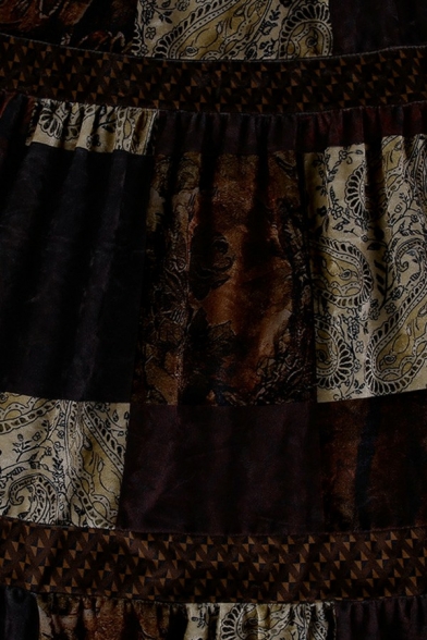 Vintage Ladies Skirt Paisley Patchwork Velvet Elastic Waist Maxi Broomstick Skirt
