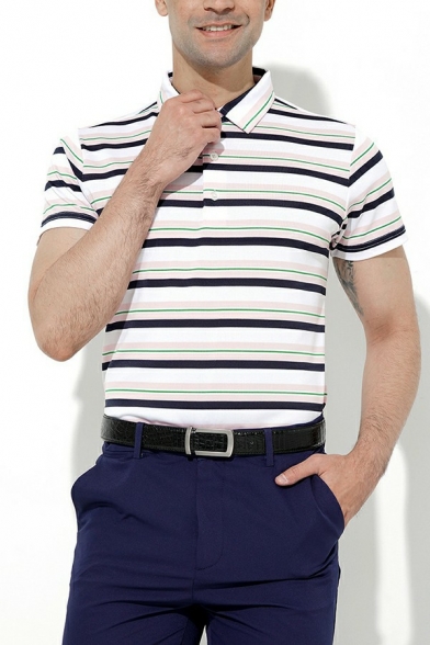 Casual Mens Polo Shirt Stripe Pattern Button Detail Turn-down Collar Regular Fit Polo Shirt