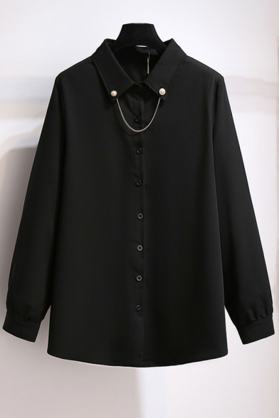 Casual Womens Shirt Plain Lapel Collar Button Down Long Sleeve Chain Detail Relaxed Shirt