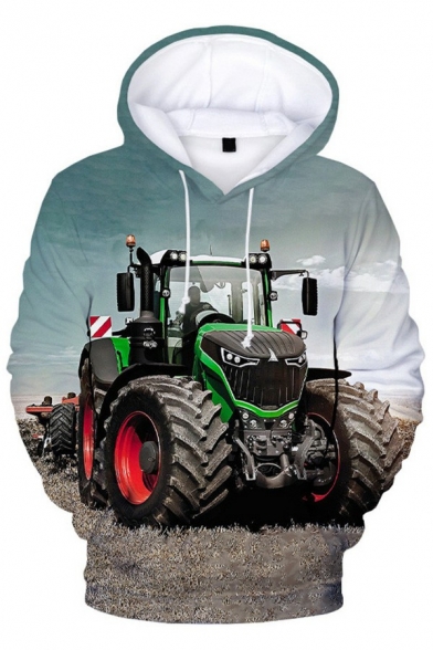Chic Mens Drawstring Hoodie 3D Field Tractor Print Long-Sleeved Rib Cuffs Regular Fit Hoodie