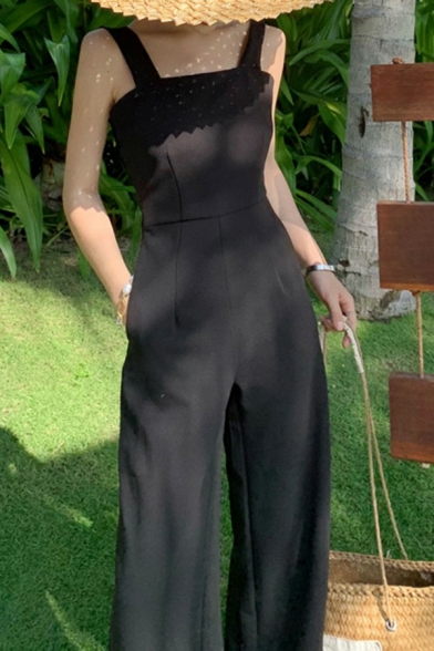 Classic Womens Jumpsuits Plain Hollow Out Back Sleeveless Regular Fitted Jumpsuits in Black