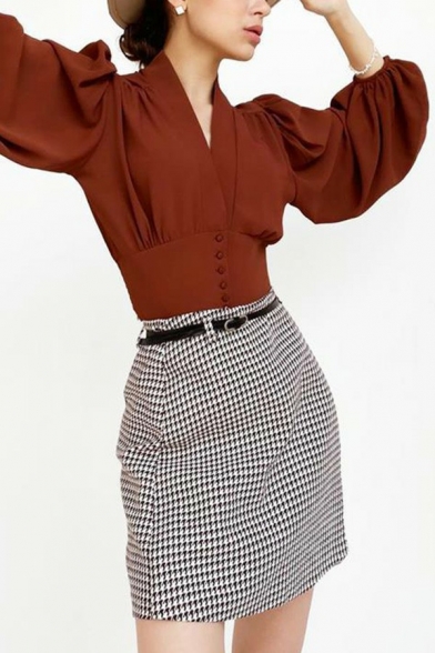 Elegant V Neck Shirt Solid Color Button Up Puff 3/4 Length Sleeve Crop Shirt for Women