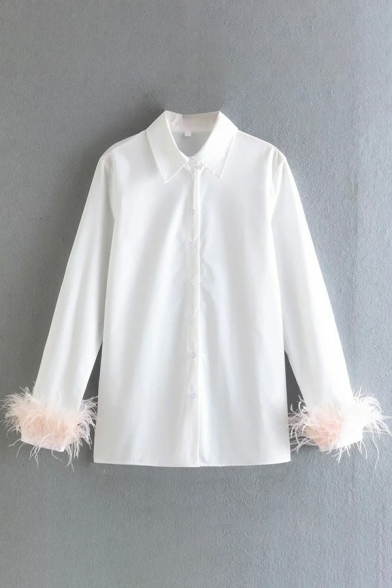 Elegant Womens Shirt Lapel Collar Feather Long Sleeve Regular Fit Shirt