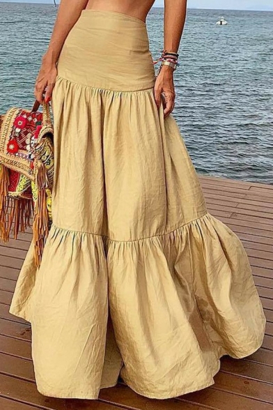 Elegant Womens Skirt Solid High Waist Maxi Ruffle Skirt