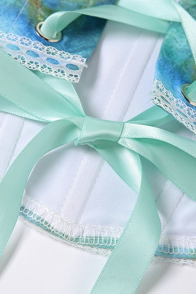 Fancy Ladies Cami Landscape Print Square Neck Lace-Up Bow Detail Adjustable Tie Straps Curved Hem Cami Top