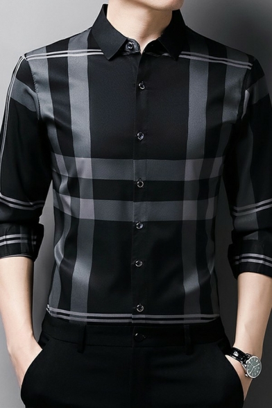 Fashionable Guy's Shirt Plaid Print Long Sleeve Regular Turn-down Collar Button up Shirt