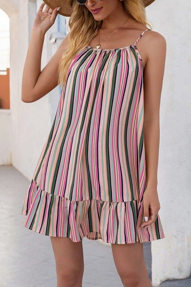 Holiday Style Cami Dress Spaghetti Straps Stripe Print Mini Smock Dress for Women