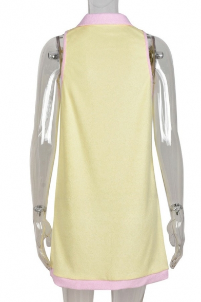 Modern Ladies Tank Dress Color Block Contrast Lapel Sleeveless Mini Shirt Dress