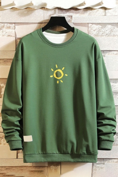 Popular Mens Sweatshirt Sun Pattern Round Neck Long Sleeve Rib Cuffs Loose Fit Sweatshirt