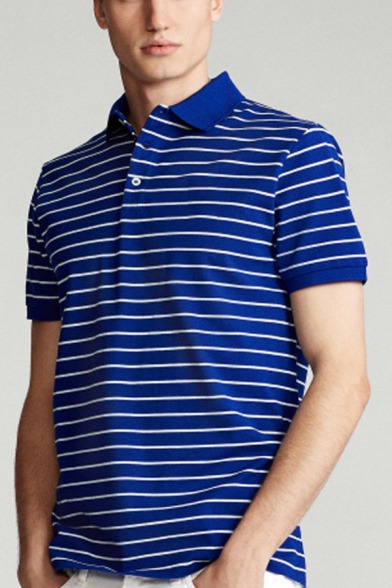 Popular Polo Shirt Striped Printed Spread Collar Short Sleeve Regular Polo Shirt for Guys