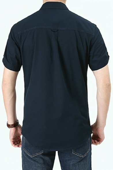 Simple Mens Shirt Plain Short Sleeve Button Closure Spread Collar Regular Fit Shirt