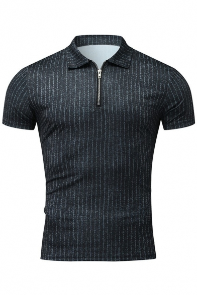 Street Style Men Polo Shirt Stripe Print Spread Collar Short Sleeve Slim Zipper Polo Shirt